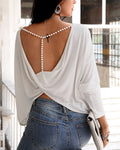Elegant Long Sleeve Blouse Beaded Backless Sexy Tops