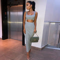 Ribbed knitted two pieces set long skirt crop tank top sexy elegant festival matching co-ord