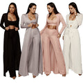 Bandage Lace Up Long Sleeve Cardigan Coat Loose Wide Leg Pants (3 pcs )