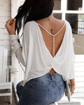 Elegant Long Sleeve Blouse Beaded Backless Sexy Tops