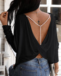 Elegant Long Sleeve Blouse Beaded Backless Sexy Tops