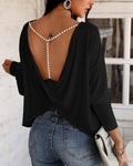 Elegant Long Sleeve Blouse Beaded Backless Sexy Tops