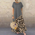 Leopard Printed Maxi Dress Fashion Women's Short Sleeve Patchwork Dress
