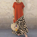 Leopard Printed Maxi Dress Fashion Women's Short Sleeve Patchwork Dress