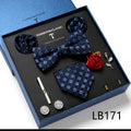 New Design Luxury Gift Necktie set for Men Silk Butterfly Bowtie Tie and Tie Clips Lapel Pin Hanky Cufflinks Set