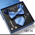 New Design Luxury Gift Necktie set for Men Silk Butterfly Bowtie Tie and Tie Clips Lapel Pin Hanky Cufflinks Set