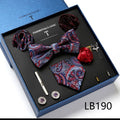 New Design Luxury Gift Necktie set for Men Silk Butterfly Bowtie Tie and Tie Clips Lapel Pin Hanky Cufflinks Set