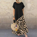 Leopard Printed Maxi Dress Fashion Women's Short Sleeve Patchwork Dress