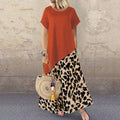 Leopard Printed Maxi Dress Fashion Women's Short Sleeve Patchwork Dress