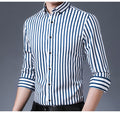 Men's Fashion Non-iron Stretch Soft Casual Striped Shirts Pocket-less Design Long Sleeve Standard-fit Youthful Button-down Shirt