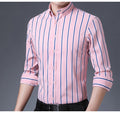 Men's Fashion Non-iron Stretch Soft Casual Striped Shirts Pocket-less Design Long Sleeve Standard-fit Youthful Button-down Shirt