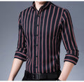 Men's Fashion Non-iron Stretch Soft Casual Striped Shirts Pocket-less Design Long Sleeve Standard-fit Youthful Button-down Shirt