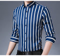 Men's Fashion Non-iron Stretch Soft Casual Striped Shirts Pocket-less Design Long Sleeve Standard-fit Youthful Button-down Shirt
