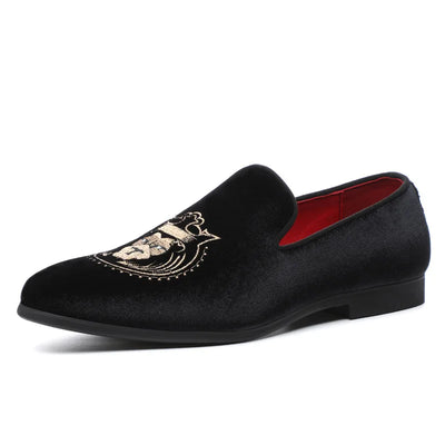 Luxury Designer Fashion Pointed Black Embroidery Velvet Men's Shoe
