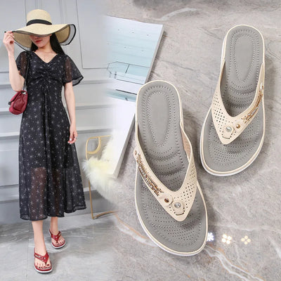 New Summer Fashion Metal Button Slides Wedge Beach Sandals