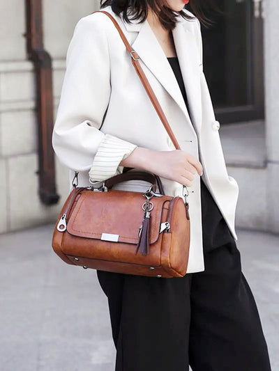 Top-Handle Fashion Zipper Crossbody Leather Handbag With Removable Strap Dating Boston Bag