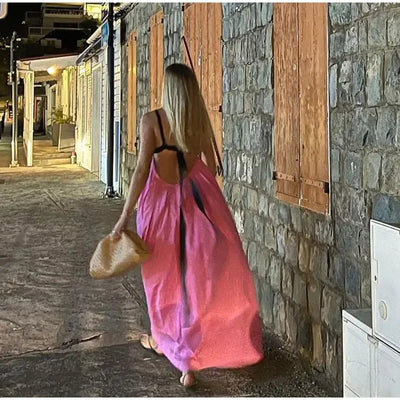 Women's Beach V-neck Sling Pleated Summer Backless Sleeveless Dress