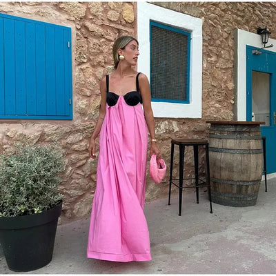 Women's Beach V-neck Sling Pleated Summer Backless Sleeveless Dress