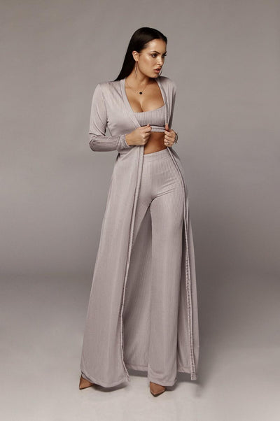 Bandage Lace Up Long Sleeve Cardigan Coat Loose Wide Leg Pants  (3 pcs )
