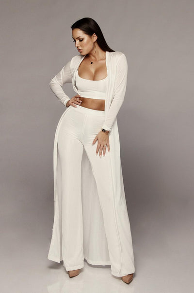 Bandage Lace Up Long Sleeve Cardigan Coat Loose Wide Leg Pants  (3 pcs )