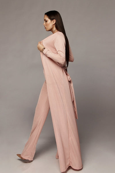 Bandage Lace Up Long Sleeve Cardigan Coat Loose Wide Leg Pants  (3 pcs )