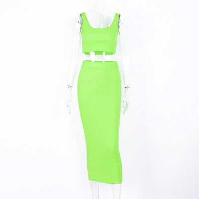 Ribbed knitted two pieces set long skirt crop tank top sexy elegant festival matching co-ord