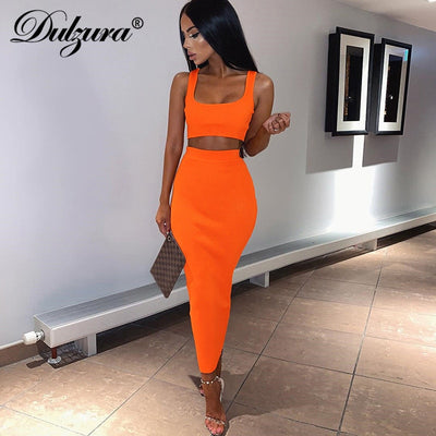 Ribbed knitted two pieces set long skirt crop tank top sexy elegant festival matching co-ord