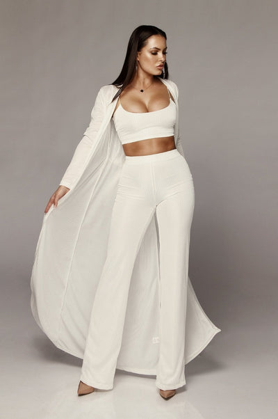 Bandage Lace Up Long Sleeve Cardigan Coat Loose Wide Leg Pants  (3 pcs )