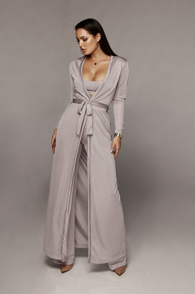 Bandage Lace Up Long Sleeve Cardigan Coat Loose Wide Leg Pants  (3 pcs )