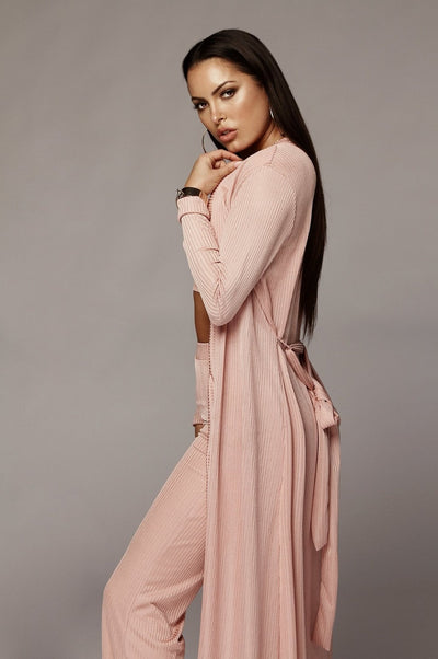 Bandage Lace Up Long Sleeve Cardigan Coat Loose Wide Leg Pants  (3 pcs )