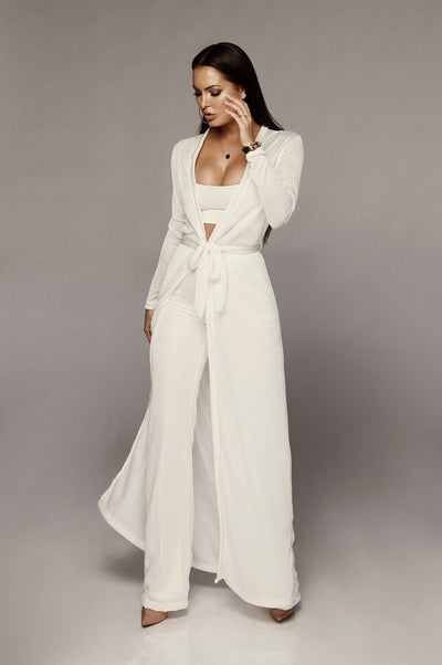 Bandage Lace Up Long Sleeve Cardigan Coat Loose Wide Leg Pants  (3 pcs )