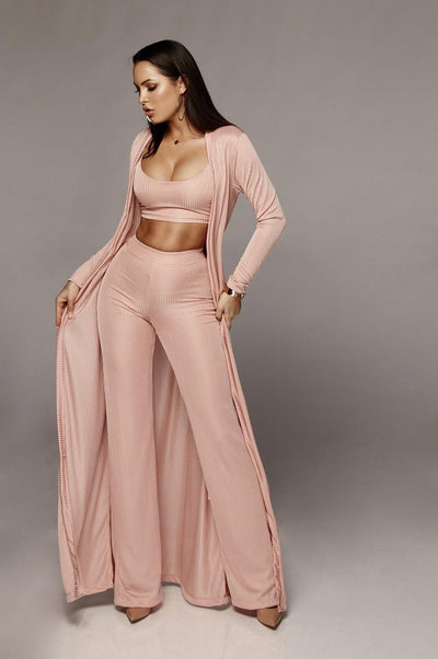 Bandage Lace Up Long Sleeve Cardigan Coat Loose Wide Leg Pants  (3 pcs )