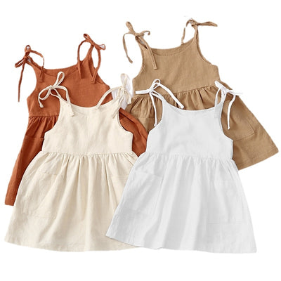 Summer Sleeveless Cotton Kids Beach Dress with Pocket