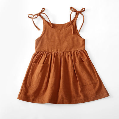 Summer Sleeveless Cotton Kids Beach Dress with Pocket