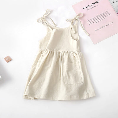 Summer Sleeveless Cotton Kids Beach Dress with Pocket