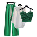 New Wide Leg Trousers White Shirt Wave Bra Vest 3pcs Elegant Women's Tracksuits