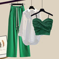 New Wide Leg Trousers White Shirt Wave Bra Vest 3pcs Elegant Women's Tracksuits