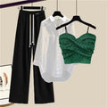 New Wide Leg Trousers White Shirt Wave Bra Vest 3pcs Elegant Women's Tracksuits