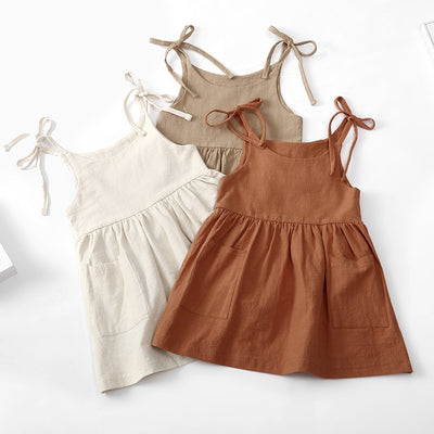 Summer Sleeveless Cotton Kids Beach Dress with Pocket