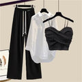 New Wide Leg Trousers White Shirt Wave Bra Vest 3pcs Elegant Women's Tracksuits