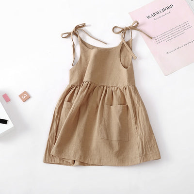 Summer Sleeveless Cotton Kids Beach Dress with Pocket
