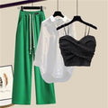 New Wide Leg Trousers White Shirt Wave Bra Vest 3pcs Elegant Women's Tracksuits