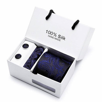 Tie Set With Gift Box Jacquard Woven gravata Silk Tie Hanky Cufflinks