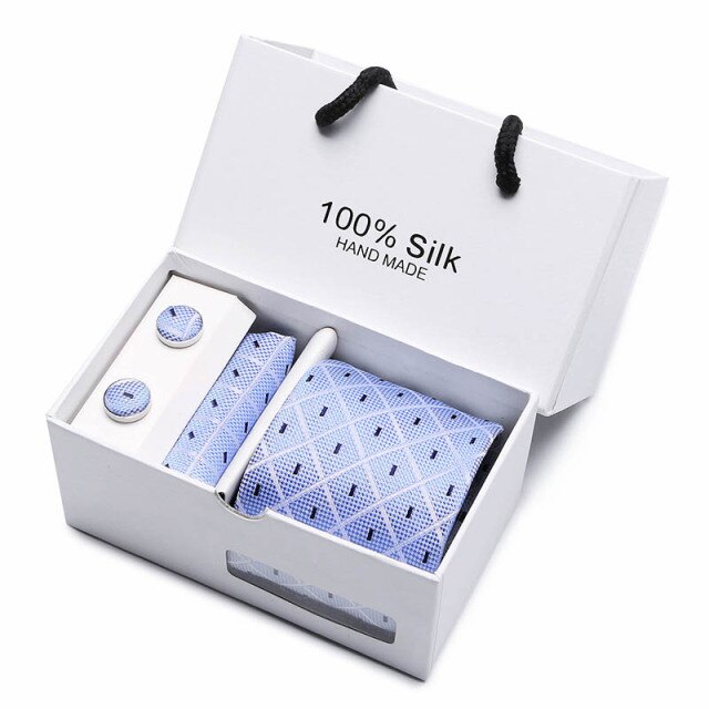 Tie Set With Gift Box Jacquard Woven gravata Silk Tie Hanky Cufflinks