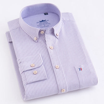 100% Cotton Oxford Striped Shirt Single Patch Pocket Long Sleeve Standard-fit Comfortable Thick Button-down Shirts