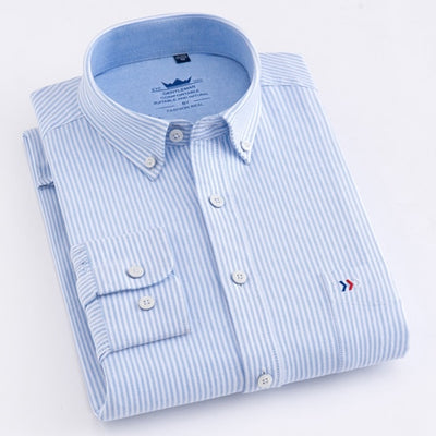 100% Cotton Oxford Striped Shirt Single Patch Pocket Long Sleeve Standard-fit Comfortable Thick Button-down Shirts