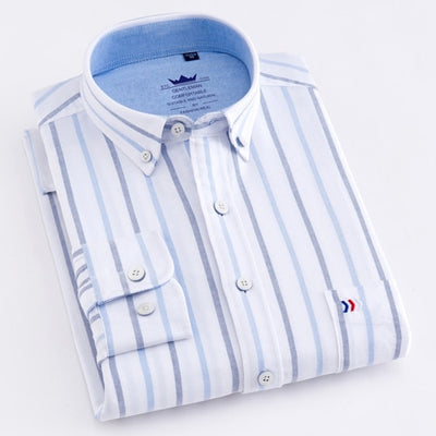 100% Cotton Oxford Striped Shirt Single Patch Pocket Long Sleeve Standard-fit Comfortable Thick Button-down Shirts