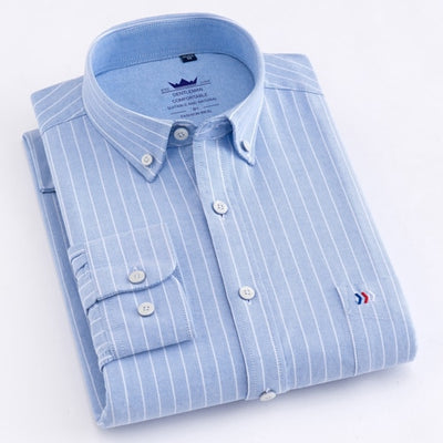 100% Cotton Oxford Striped Shirt Single Patch Pocket Long Sleeve Standard-fit Comfortable Thick Button-down Shirts