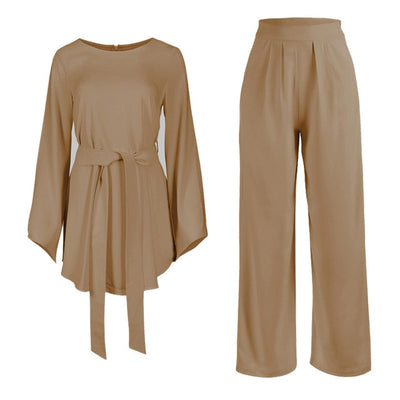 Classic ladies Top With a Belt and Wide Leg Bottom
