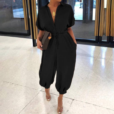 Vintage V-Neck Pocket Cotton Romper Jumpsuits